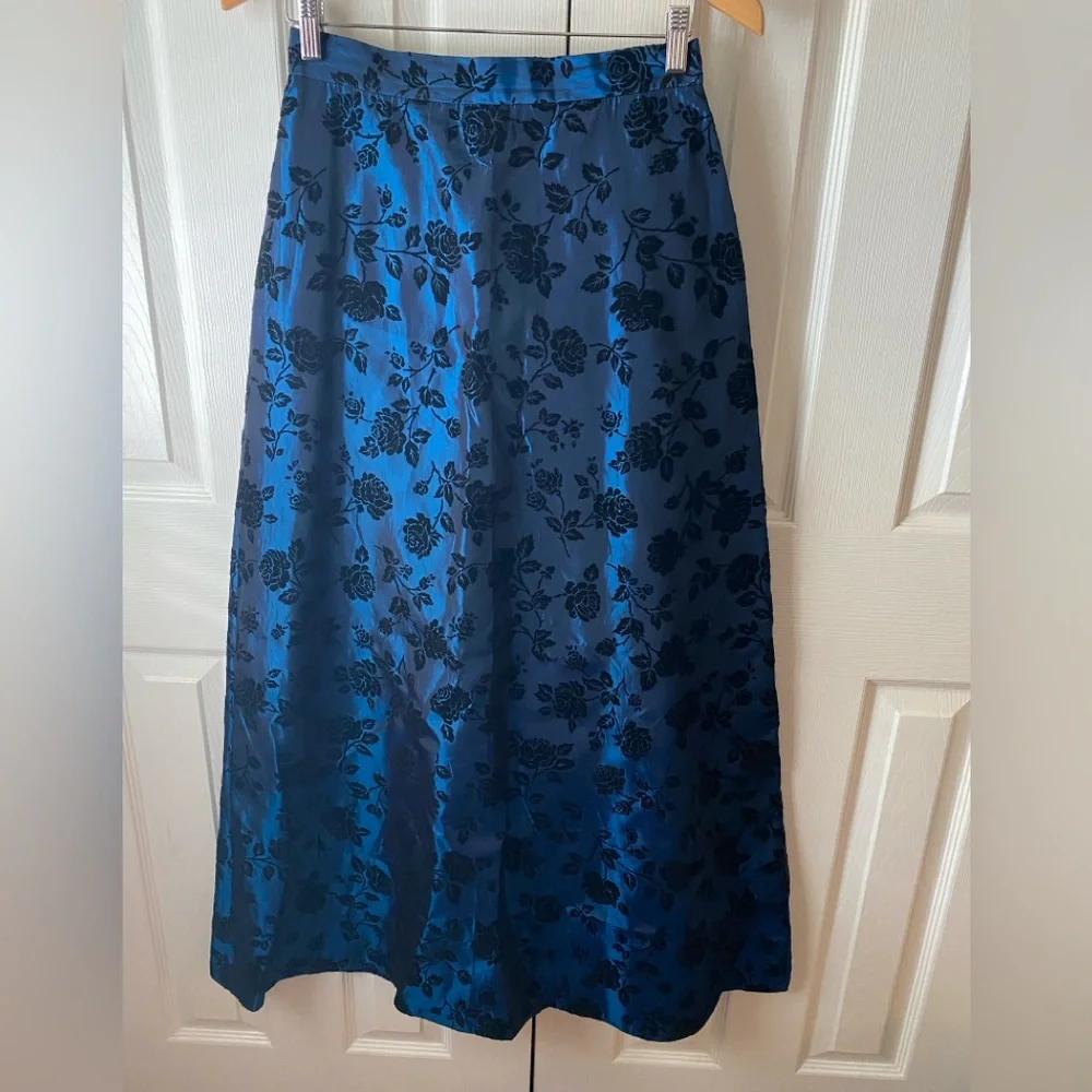 VINTAGE ALCHEMY Blue Iridescent Black Velvet Floral Burnout A-Line‎ Maxi Skirt 8